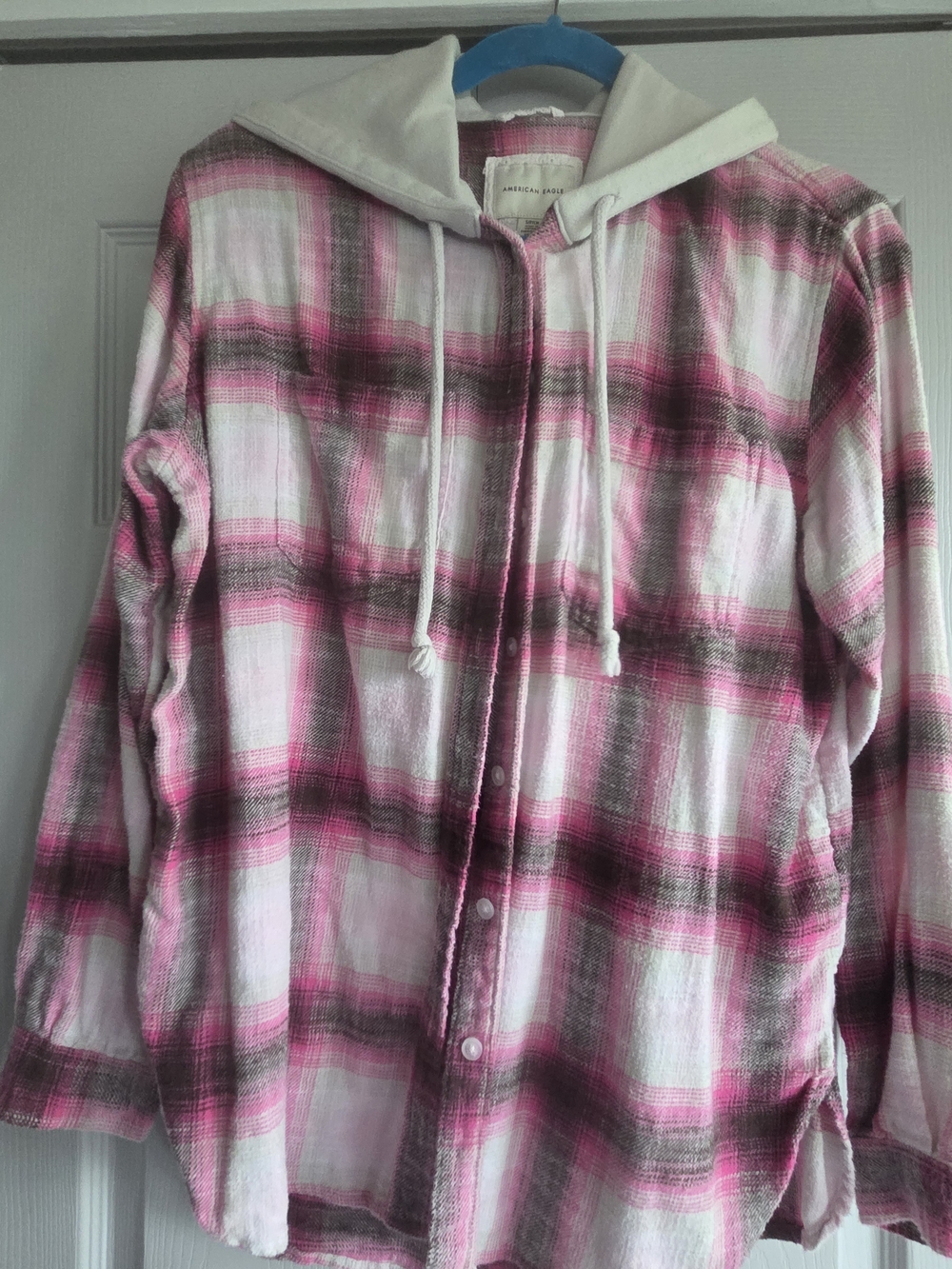 American Eagle Outfitters Pink and Ivory Plaid Hooded Flannel Jacket